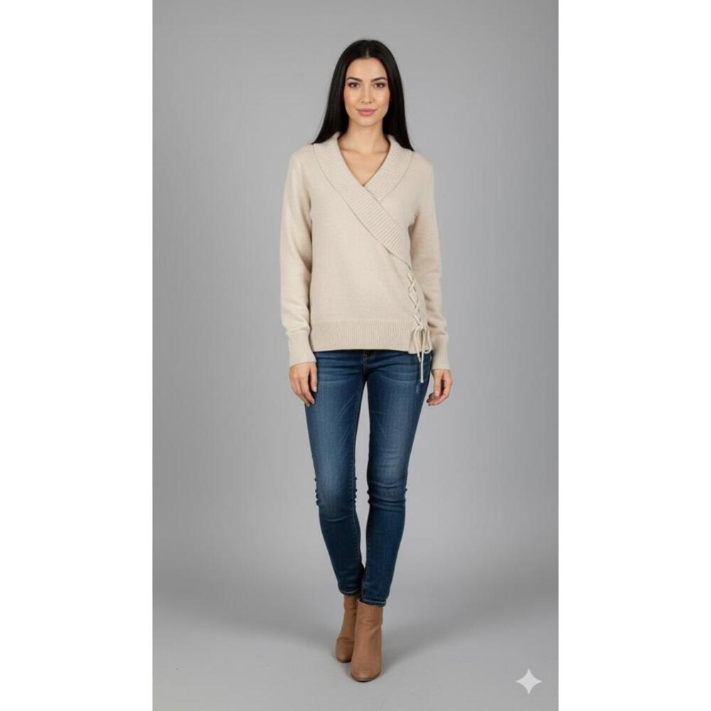 Beige Women's Knit Sweater with V-Neck and Side Lace Detail, Size Large